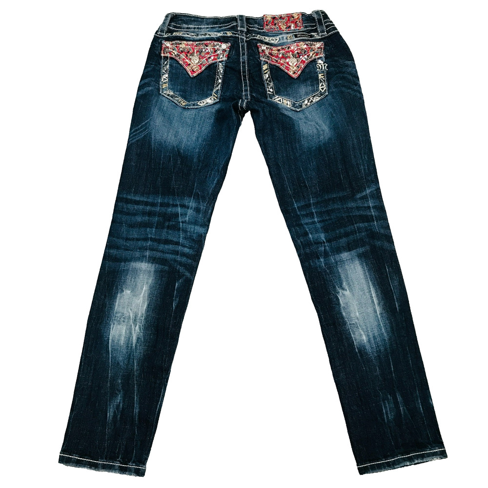 Miss Me 28x30 Signature Skinny Blue Jeans Low Rise Embellished Flap Pocket Y2K J